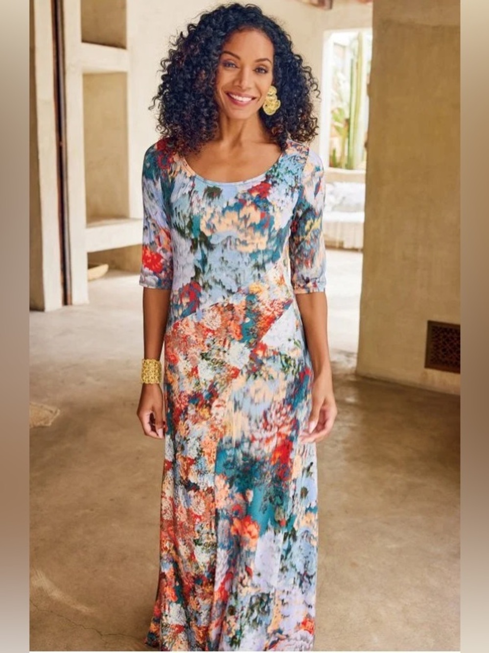 Soft Surroundings Nanette Multi-Color Abstract Floral Maxi Dress Size Petite S